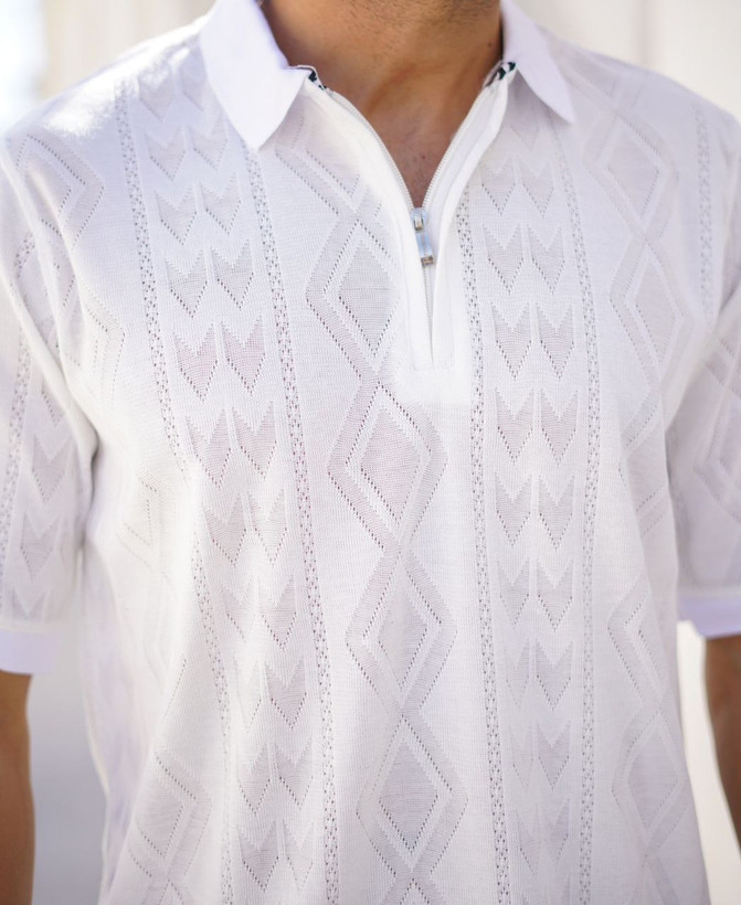 پخش و خرید عمده پولوشرت مردانه یقه نیمزیپ ,بافت ظریف طرح اسکاج