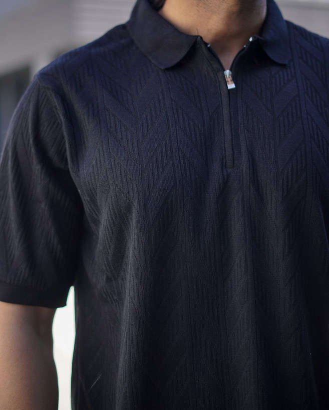 خرید عمده پولوشرت مشکی نیم زیپ بافت طرح فلش